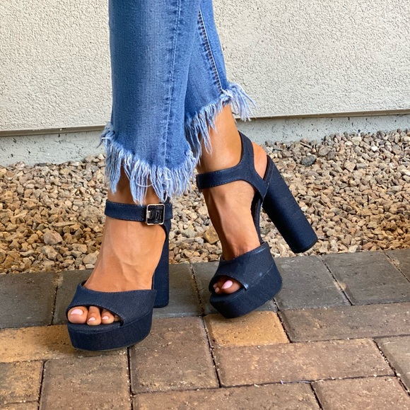 Denim Blue Distressed Towering Platform Sandal - Picture 11 of 12